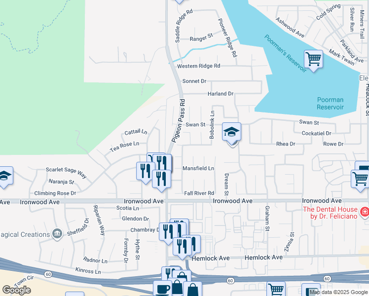map of restaurants, bars, coffee shops, grocery stores, and more near 11703 Pintail Court in Moreno Valley