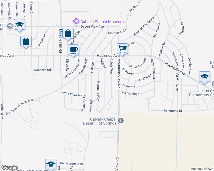 map of restaurants, bars, coffee shops, grocery stores, and more near 13540 Inaja Street in Desert Hot Springs