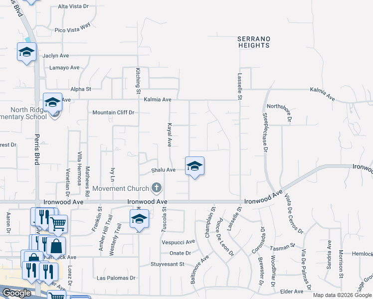 map of restaurants, bars, coffee shops, grocery stores, and more near 25707 Oak Court in Moreno Valley