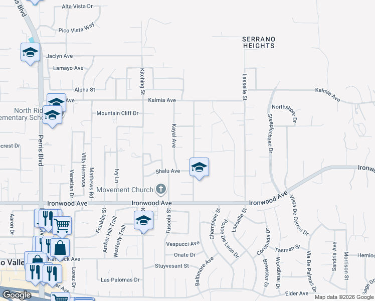 map of restaurants, bars, coffee shops, grocery stores, and more near 25672 Laurelwood Place in Moreno Valley