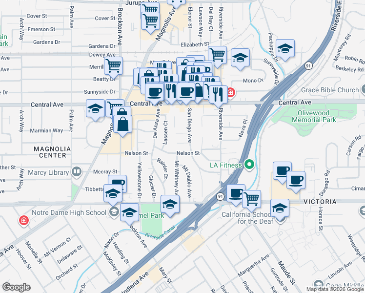 map of restaurants, bars, coffee shops, grocery stores, and more near 3584 Cheryl Way in Riverside