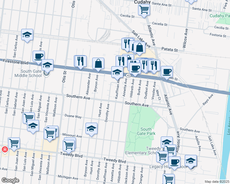 map of restaurants, bars, coffee shops, grocery stores, and more near 8955 Kauffman Avenue in South Gate
