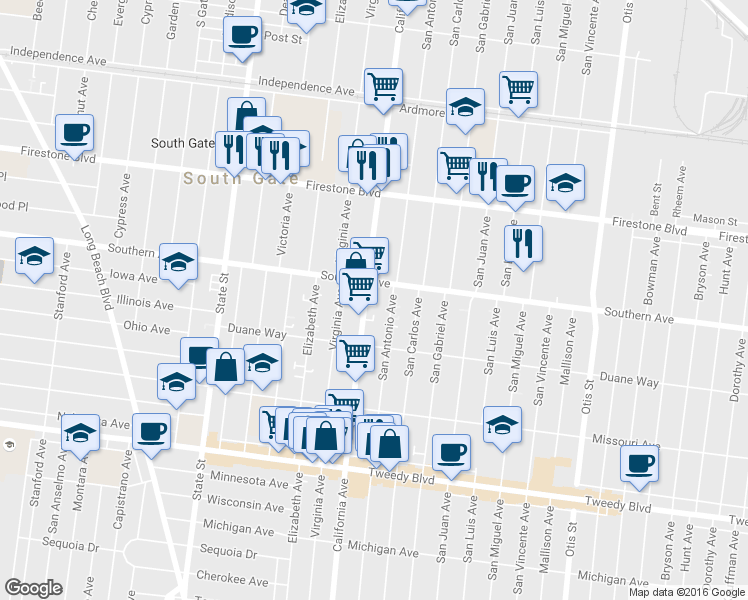 map of restaurants, bars, coffee shops, grocery stores, and more near 3522 Southern Avenue in South Gate