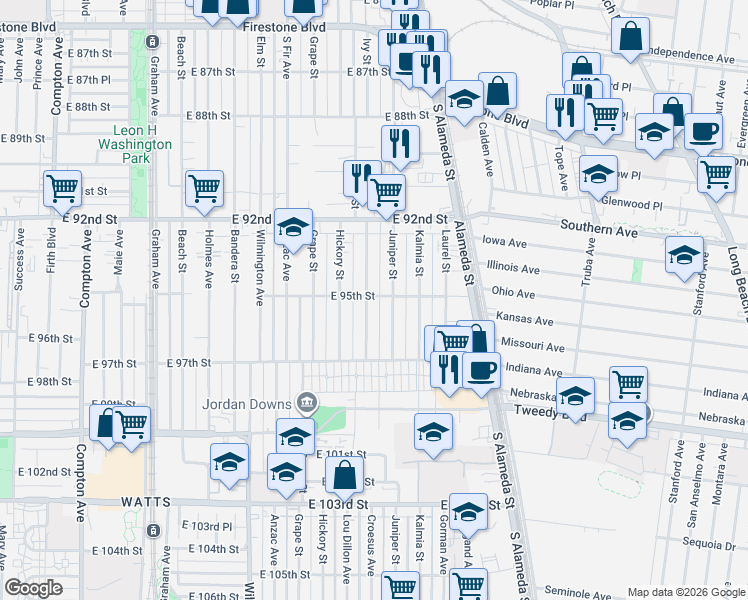 map of restaurants, bars, coffee shops, grocery stores, and more near 9411 Juniper Street in Los Angeles
