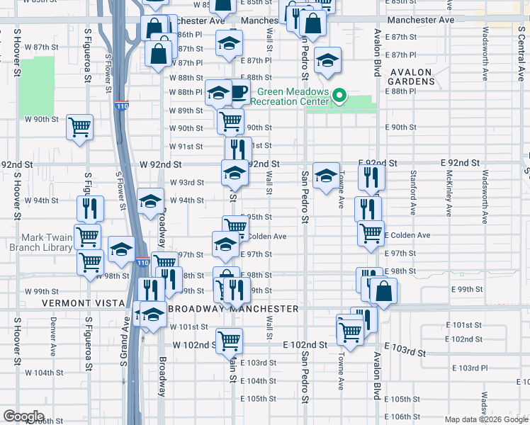 map of restaurants, bars, coffee shops, grocery stores, and more near 152 1/2 East 94th Street in Los Angeles