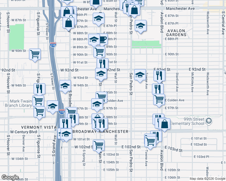 map of restaurants, bars, coffee shops, grocery stores, and more near 152 1/2 East 94th Street in Los Angeles