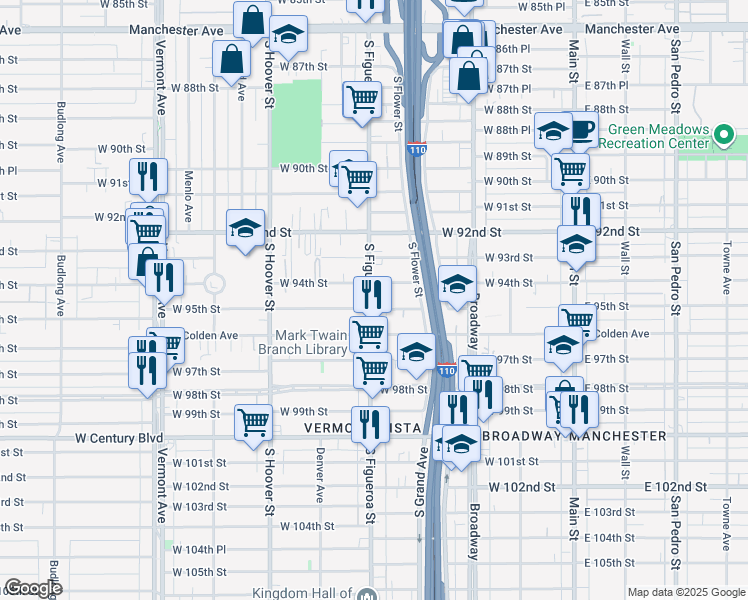 map of restaurants, bars, coffee shops, grocery stores, and more near 448 West 94th Street in Los Angeles