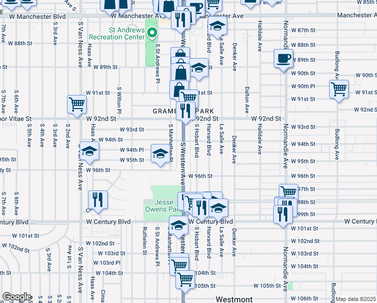map of restaurants, bars, coffee shops, grocery stores, and more near 1754 West 94th Street in Los Angeles
