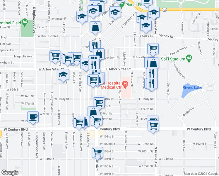 map of restaurants, bars, coffee shops, grocery stores, and more near 946 Larch Street in Inglewood