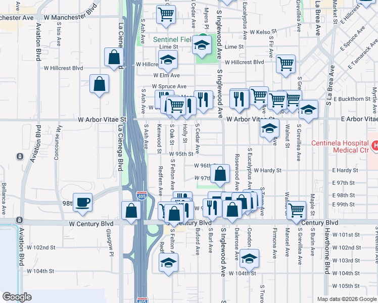 map of restaurants, bars, coffee shops, grocery stores, and more near 947 Holly Street in Inglewood