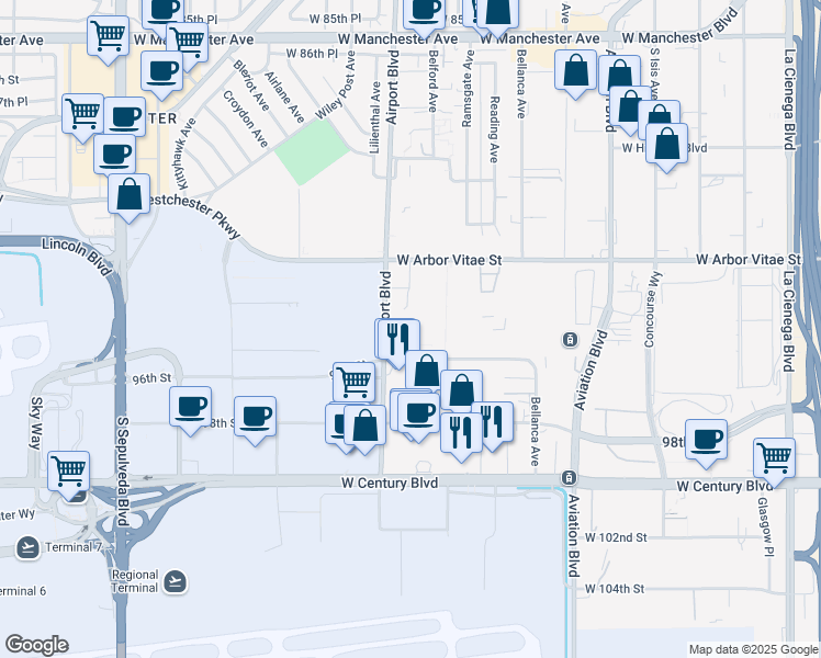 map of restaurants, bars, coffee shops, grocery stores, and more near 5860 West 93rd Street in Los Angeles