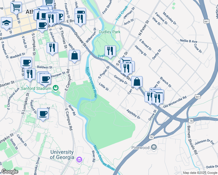 map of restaurants, bars, coffee shops, grocery stores, and more near 838 Oconee Street in Athens