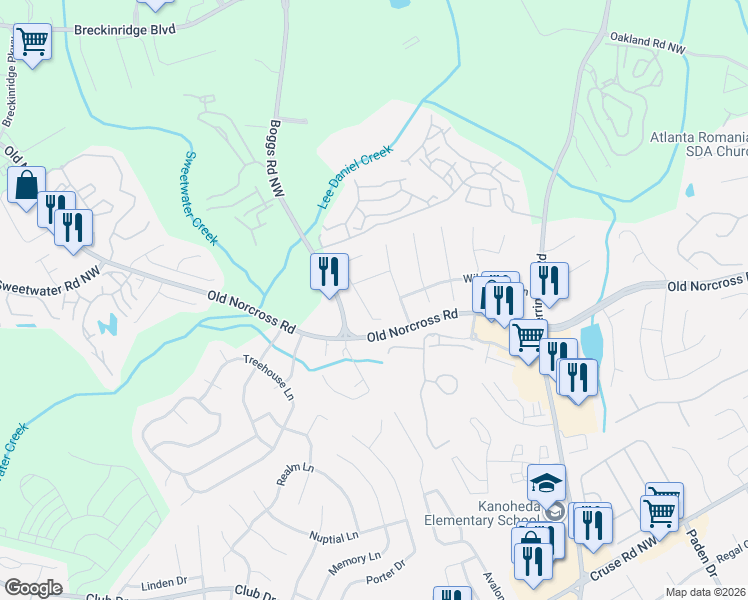 map of restaurants, bars, coffee shops, grocery stores, and more near 2710 Daylilly Lane in Lawrenceville