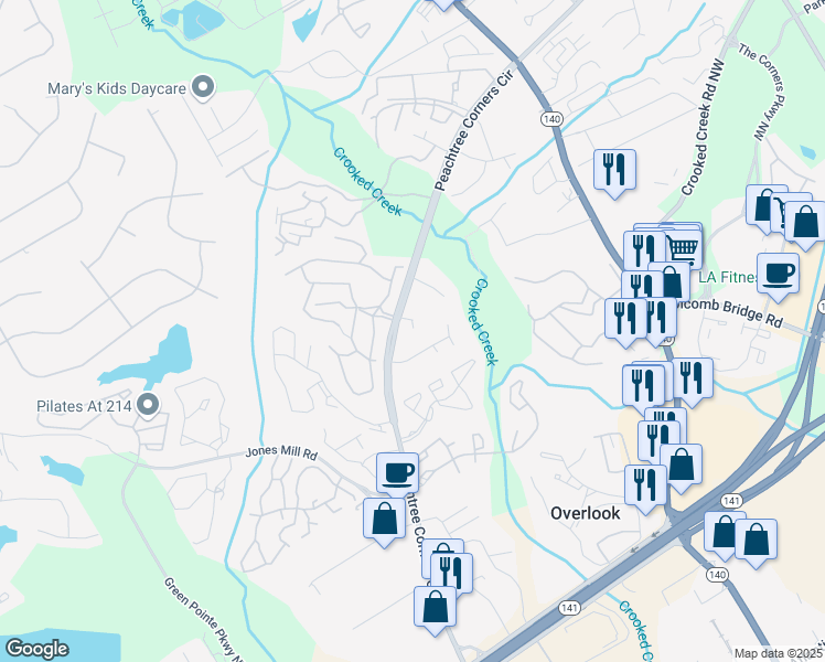 map of restaurants, bars, coffee shops, grocery stores, and more near 6494 Bannor Lane in Norcross