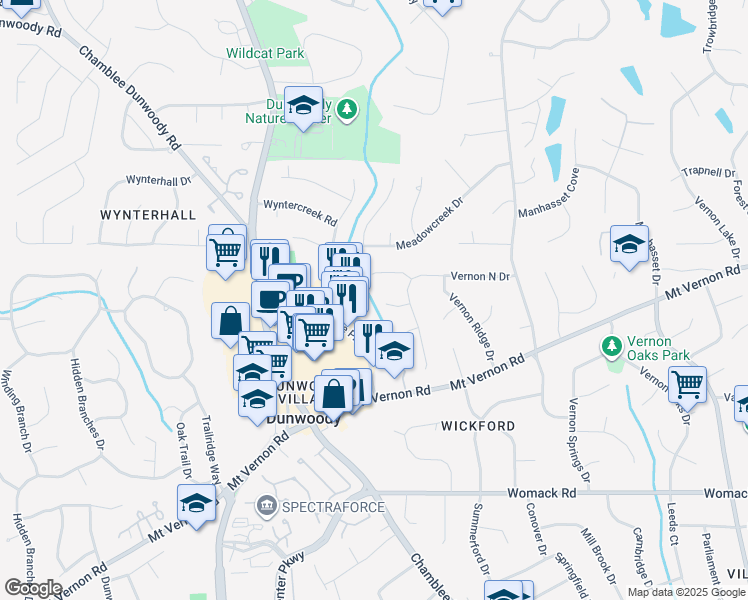 map of restaurants, bars, coffee shops, grocery stores, and more near 1415 Vernon Ridge Close in Dunwoody
