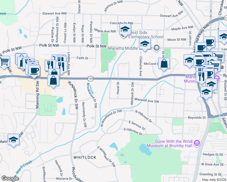 map of restaurants, bars, coffee shops, grocery stores, and more near 29 Durham Street Southwest in Marietta