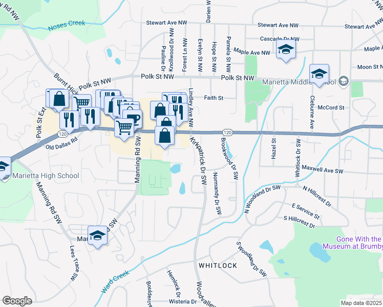 map of restaurants, bars, coffee shops, grocery stores, and more near 116 Patrick Way in Marietta
