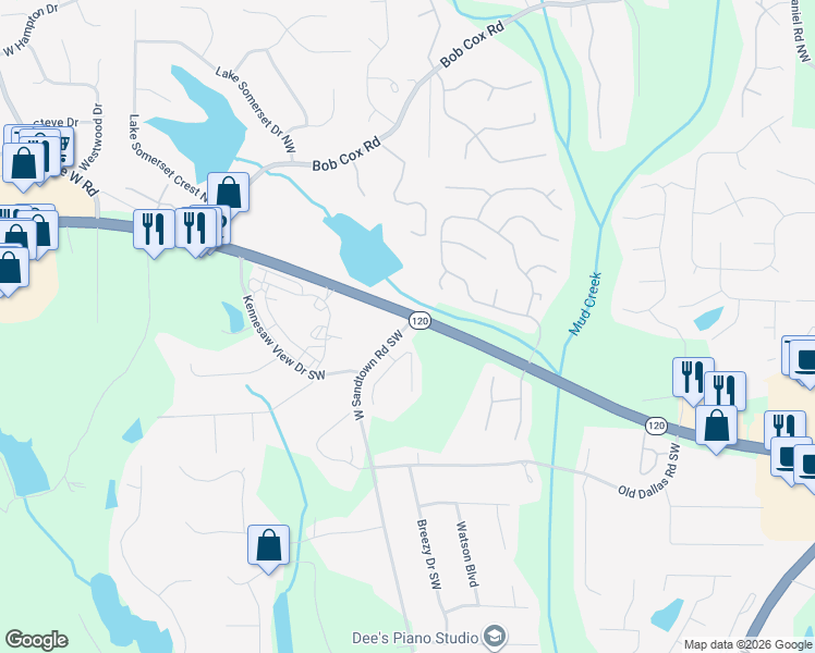 map of restaurants, bars, coffee shops, grocery stores, and more near 176 West Sandtown Road Southwest in Marietta