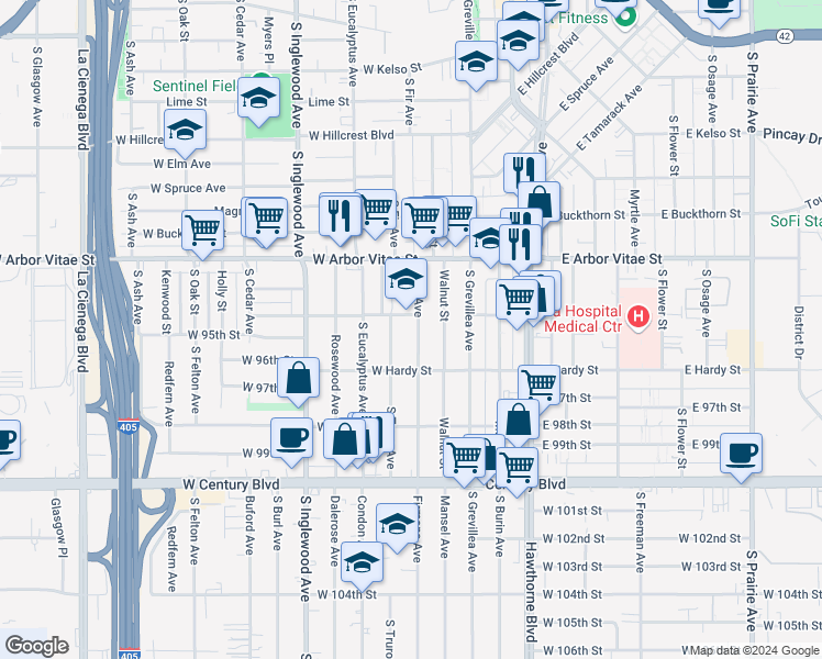 map of restaurants, bars, coffee shops, grocery stores, and more near 1011 South Fir Avenue in Inglewood
