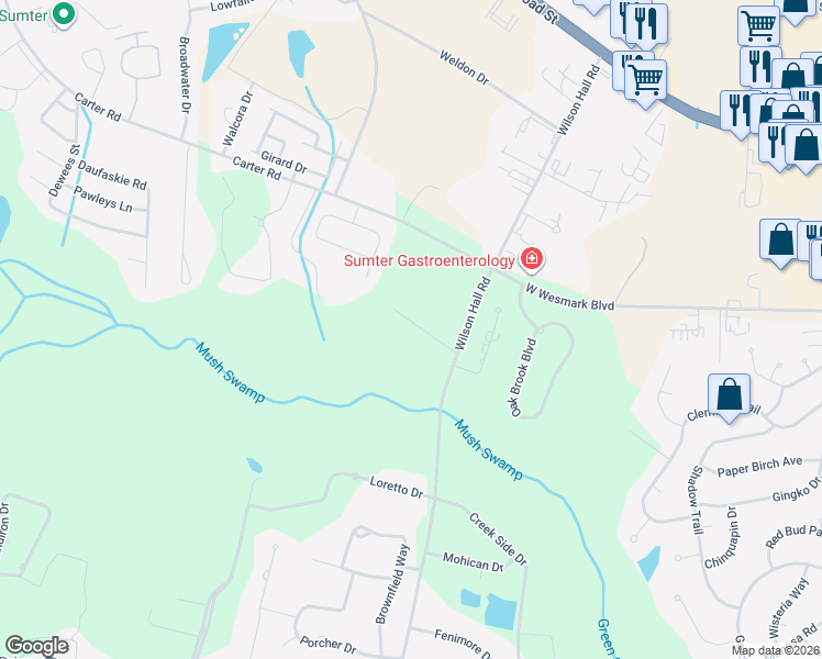 map of restaurants, bars, coffee shops, grocery stores, and more near 2770 Carter Road in Sumter