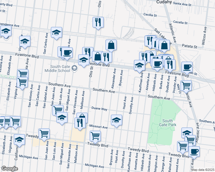 map of restaurants, bars, coffee shops, grocery stores, and more near 8966 Bowman Avenue in South Gate