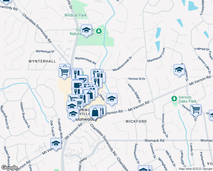 map of restaurants, bars, coffee shops, grocery stores, and more near 1415 Vernon Ridge Close in Dunwoody