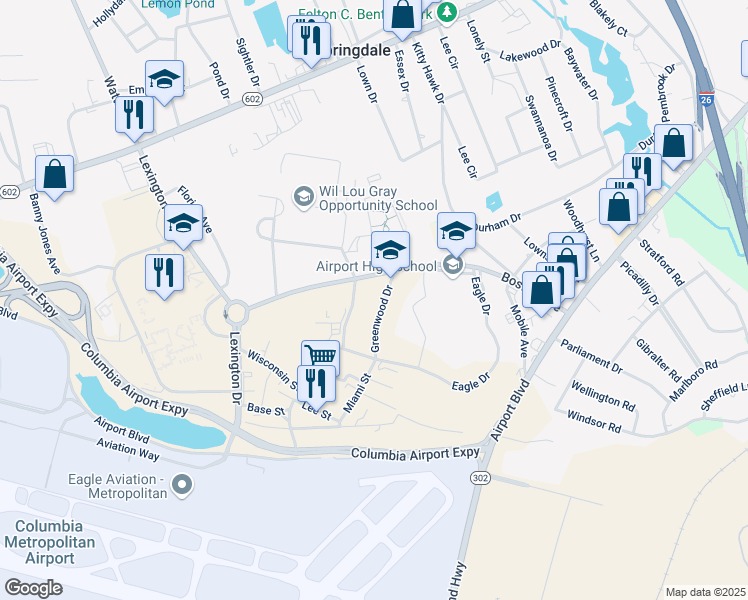 map of restaurants, bars, coffee shops, grocery stores, and more near 1614 Walterboro Street in West Columbia