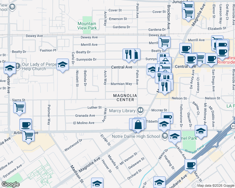 map of restaurants, bars, coffee shops, grocery stores, and more near 4636 Orange Vista Way in Riverside
