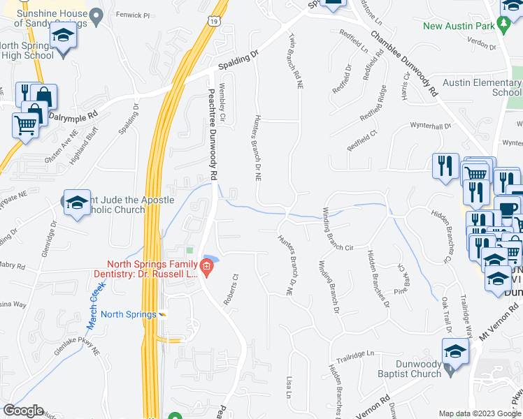 map of restaurants, bars, coffee shops, grocery stores, and more near 7170 Hunters Branch Drive Northeast in Atlanta