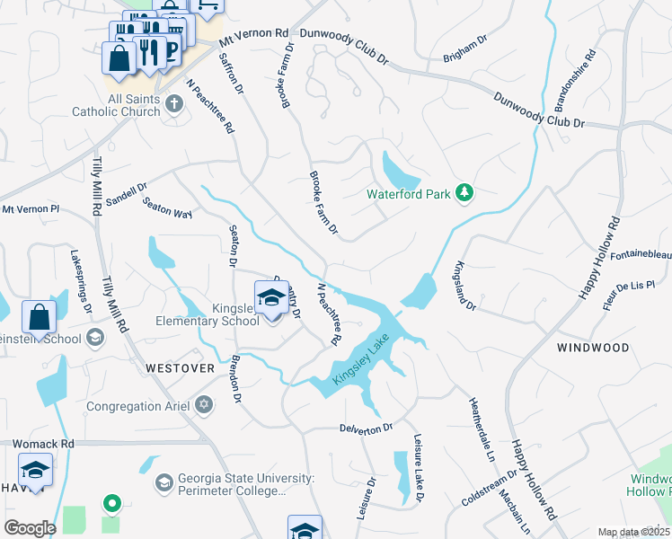 map of restaurants, bars, coffee shops, grocery stores, and more near 2277 North Peachtree Way in Dunwoody