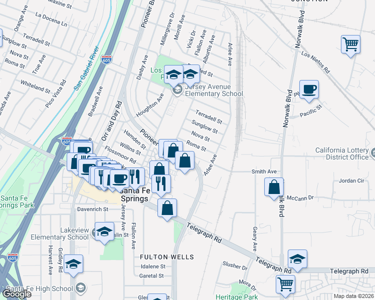 map of restaurants, bars, coffee shops, grocery stores, and more near 11635 Smith Avenue in Santa Fe Springs