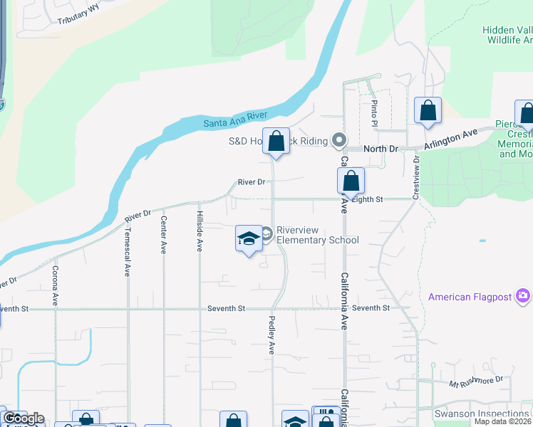 map of restaurants, bars, coffee shops, grocery stores, and more near 4734 Pedley Avenue in Norco