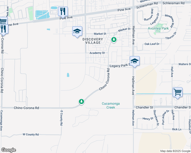 map of restaurants, bars, coffee shops, grocery stores, and more near 16709 Dara Avenue in Chino