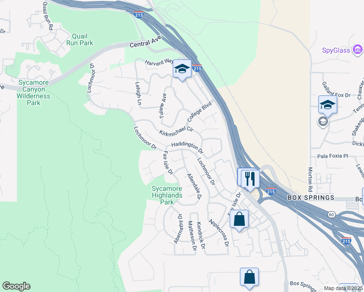 map of restaurants, bars, coffee shops, grocery stores, and more near 1449 Haddington Drive in Riverside