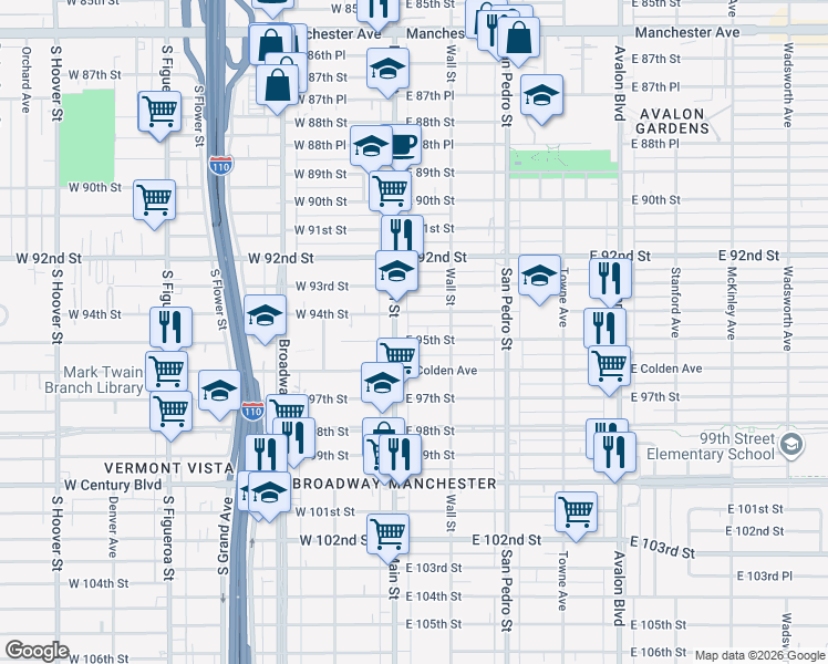 map of restaurants, bars, coffee shops, grocery stores, and more near 113 East 95th Street in Los Angeles