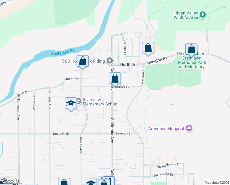 map of restaurants, bars, coffee shops, grocery stores, and more near in Norco