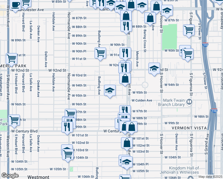 map of restaurants, bars, coffee shops, grocery stores, and more near 1106 1/2 West 94th Street in Los Angeles