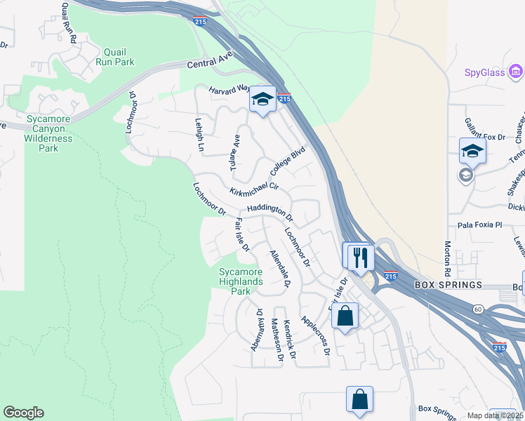 map of restaurants, bars, coffee shops, grocery stores, and more near 1449 Haddington Drive in Riverside