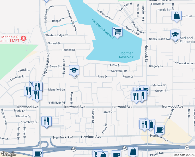map of restaurants, bars, coffee shops, grocery stores, and more near 23535 Rhea Drive in Moreno Valley