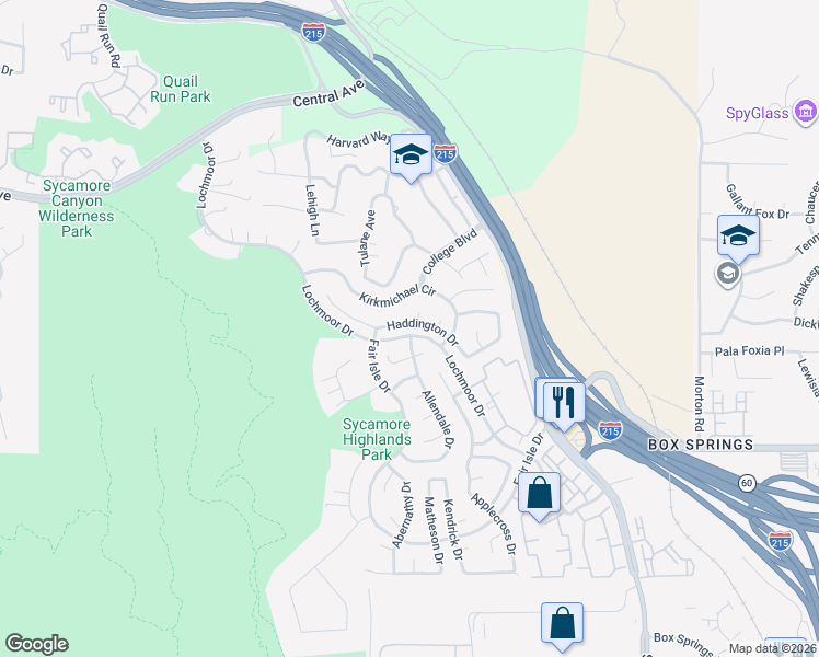map of restaurants, bars, coffee shops, grocery stores, and more near 1449 Haddington Drive in Riverside