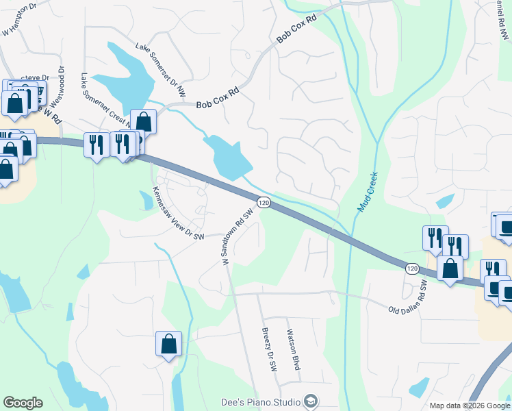 map of restaurants, bars, coffee shops, grocery stores, and more near 176 West Sandtown Road Southwest in Marietta