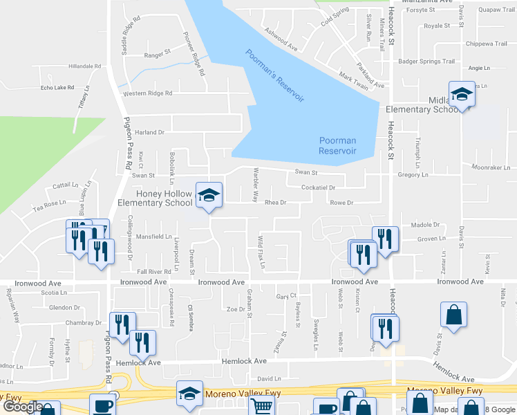 map of restaurants, bars, coffee shops, grocery stores, and more near 23525 Rhea Drive in Moreno Valley