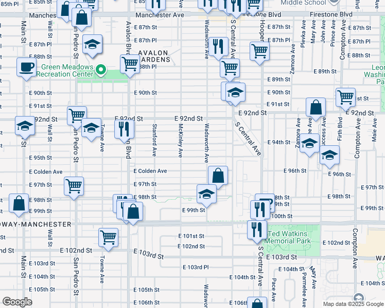 map of restaurants, bars, coffee shops, grocery stores, and more near 827 East 95th Street in Los Angeles