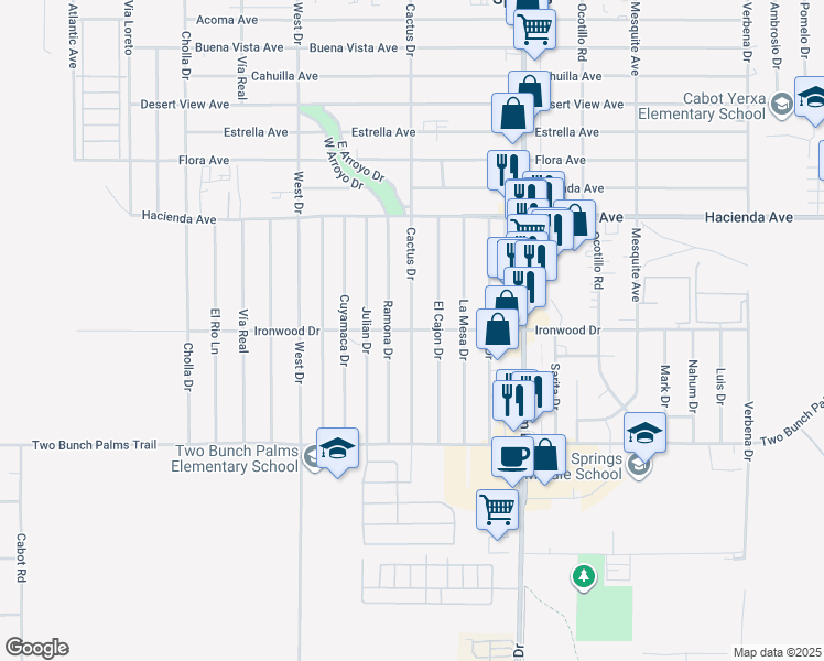 map of restaurants, bars, coffee shops, grocery stores, and more near 13500 Cactus Drive in Desert Hot Springs