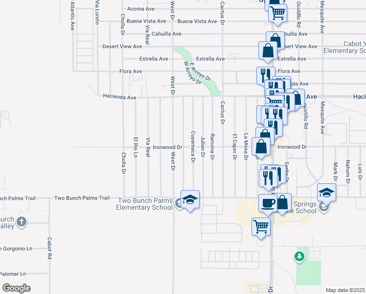 map of restaurants, bars, coffee shops, grocery stores, and more near 13501 Santa Ysabel Drive in Desert Hot Springs