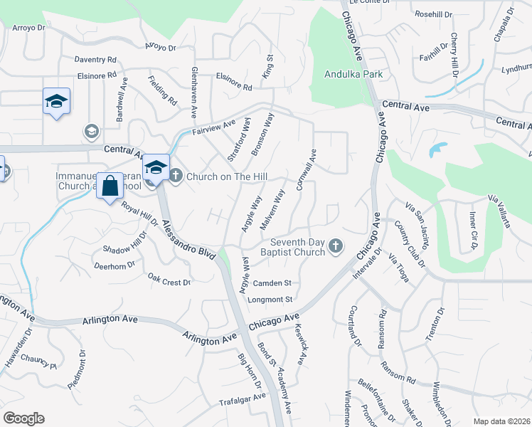 map of restaurants, bars, coffee shops, grocery stores, and more near 5539 Malvern Way in Riverside