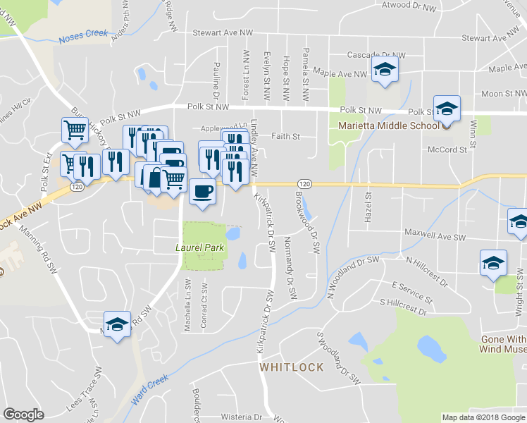 map of restaurants, bars, coffee shops, grocery stores, and more near 111 Patrick Way in Marietta