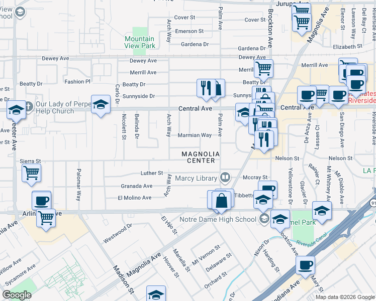 map of restaurants, bars, coffee shops, grocery stores, and more near 4636 Orange Vista Way in Riverside