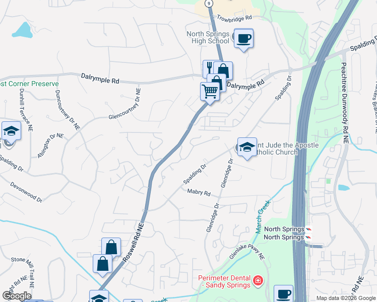 map of restaurants, bars, coffee shops, grocery stores, and more near in Sandy Springs