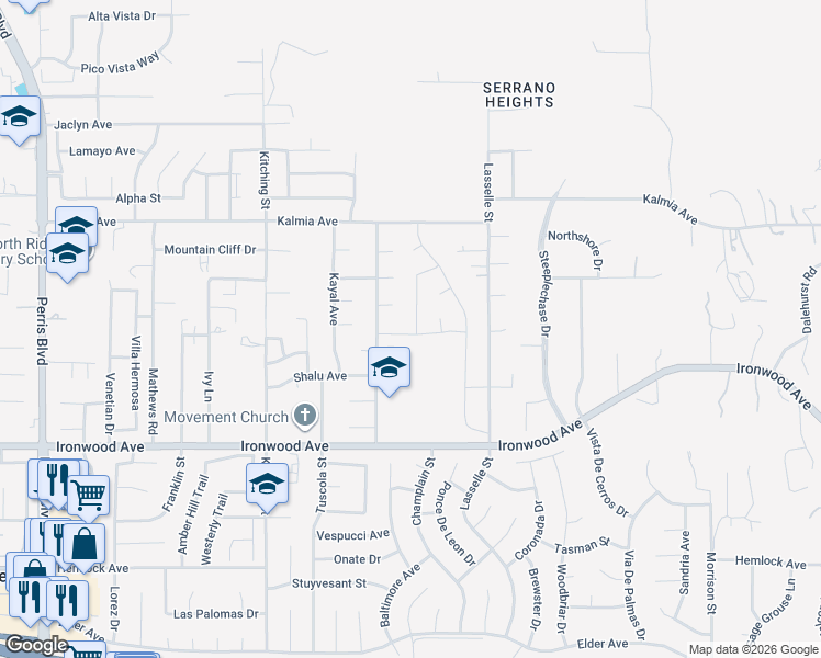 map of restaurants, bars, coffee shops, grocery stores, and more near 11665 Tigertail Circle in Moreno Valley